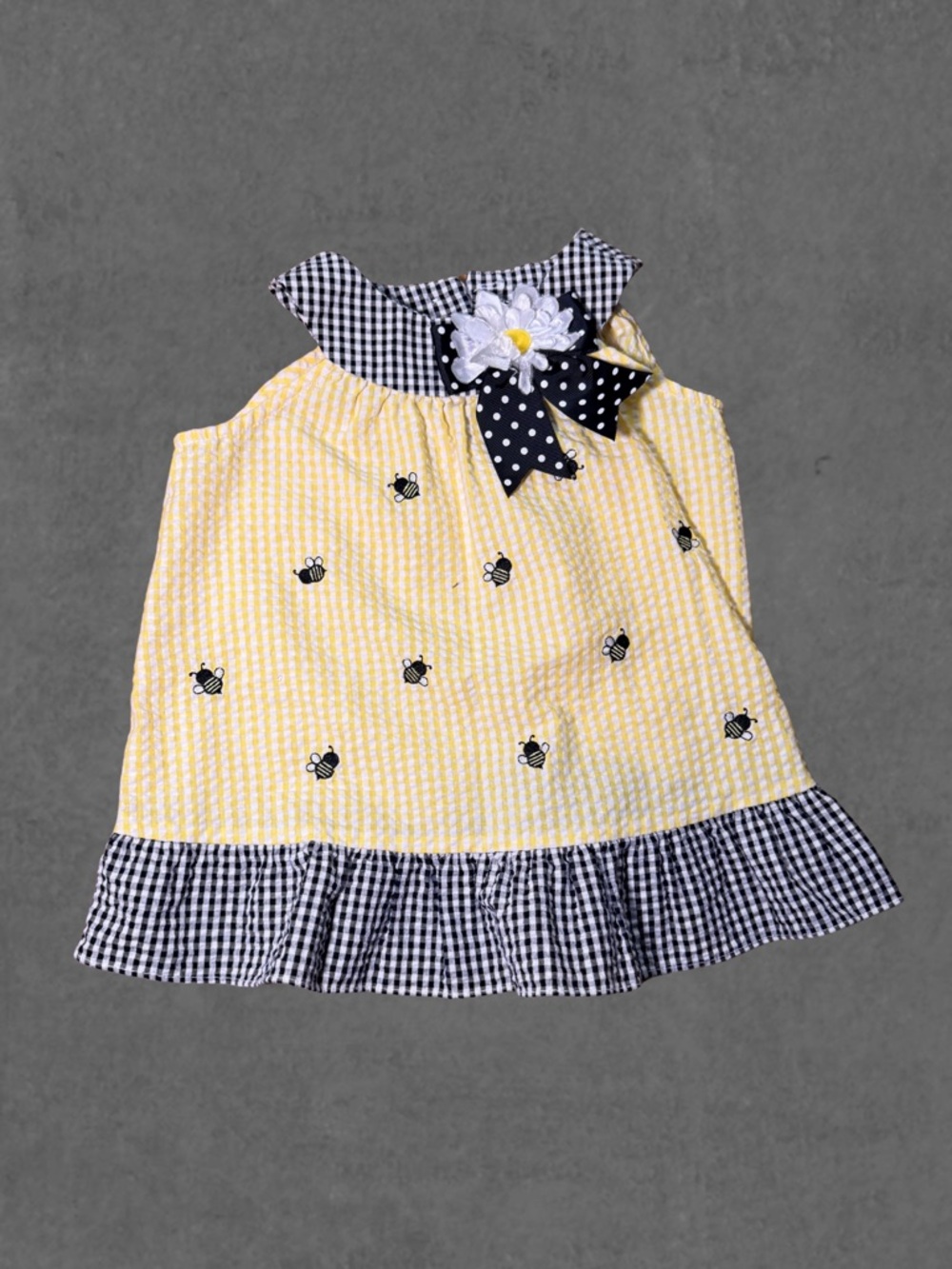 Rare Editions Yellow and Black Gingham Dress with Daisy Accent